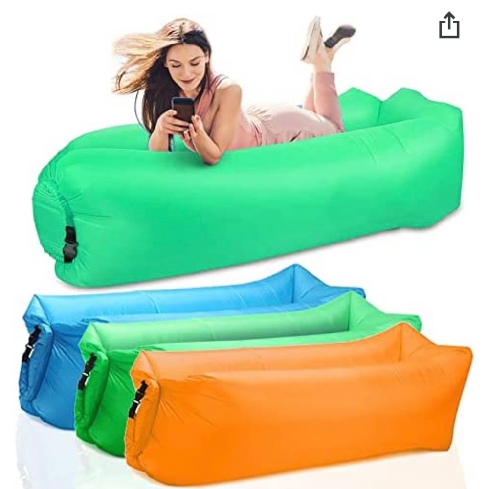Inflatable lounger sofa in lime green with Patron tequila logos